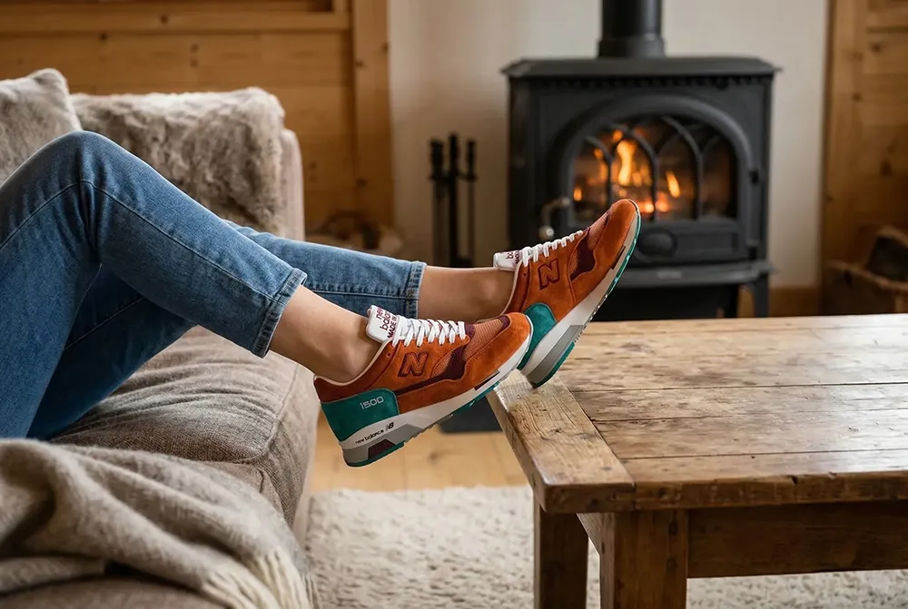 Photoshoot IA sneakers ambiance cosy intérieur