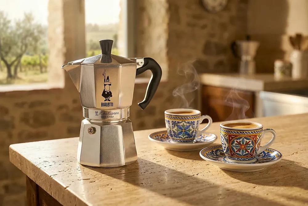 Photoshoot IA cafetière italienne en cuisine chaleureuse